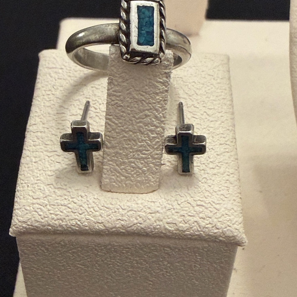 🌵✨ VINTAGE 1980 Sterling Silver Turquoise Cross Set – Ring Sz 4 + Stud Earrings - Picture 8 of 13